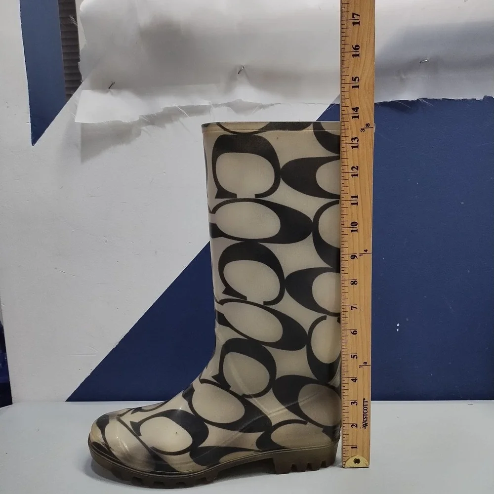 Coach Rain Boots Womens US 9 Multi Signature Logo Waterproof Mid Calf Pull On